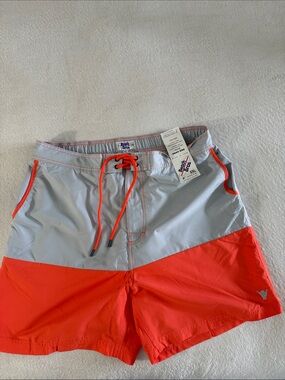 Beach Bros.  Two-Tone Light Gray & Bright Orange Men’s Swim Board Shorts